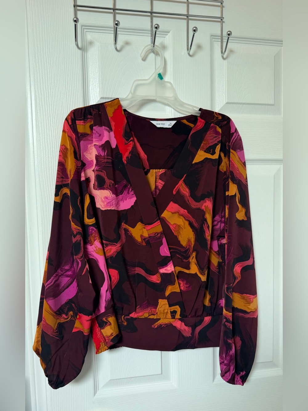 Nine West Women's XL Abstract Marble Print Long Sleeve V-Neck Wrap Blouse